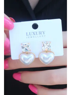 Gold Renk Kalp Model Zirkon Taşlı Pirinç Kadın Küpe