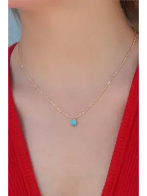 Gold Renk Kare Mavi Taşlı Kadın Kolye