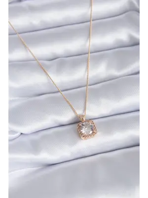 Altın  Kare Zirkon Taş Model  Çelik Kolye