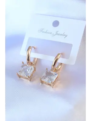 Gold Renk Kare Zirkon Taşlı Pirinç Kadın Küpe