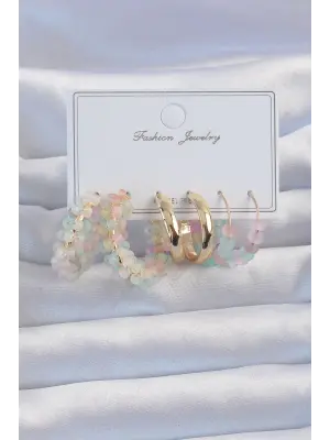 Altın Karışık Renk Boncuklu Halka Küpe Seti