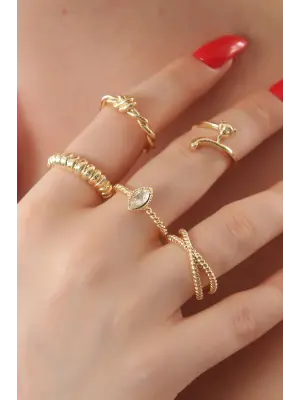 Gold Renk Kedi Figür Sarmal Model Zirkon Taşlı Bayan Yüzük Kombin