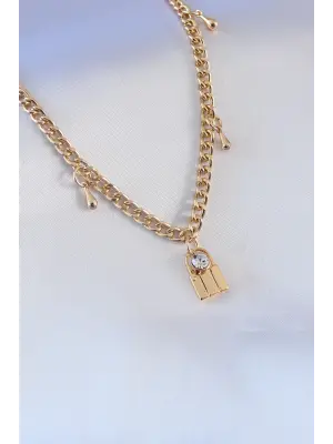 Gold Renk Kilit Figür Zincir Model Zirkon Taş Detay Kadın Kolye