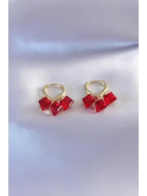 Gold Renk Kırmızı Renk Kristal Taşlı Kadın Küpe