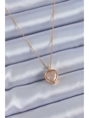 Gold Renk Krem Renk Simli Kalp Model Kadın Kolye