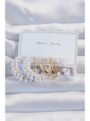 Altın Lila Boncuklu Halka Küpe Seti