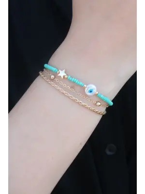 Gold Renk Mavi Boncuk Model Nazar Boncuk Figür 2li Kadın Bileklik