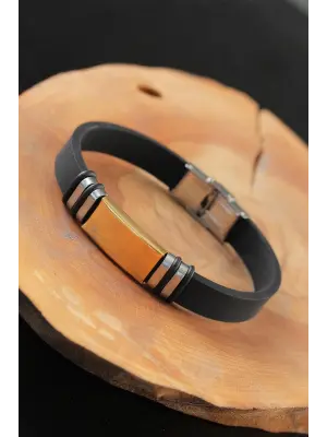 Gold Renk Metal Aksesuarlı Siyah Renk Deri Erkek Bileklik