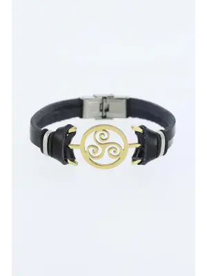 Gold Renk Metal Aksesuarlı Siyah Renk Deri Erkek Bileklik