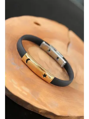 Gold Renk Metal Ay Yıldız Tasarım Siyah Renk Silikon Erkek Bileklik