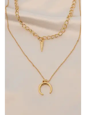 Gold Renk Metal Çift Zincirli Aksesuarlı Kolye