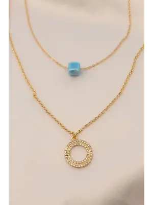 Gold Renk Metal Çift Zincirli Mavi Taşlı Kolye