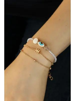 Gold Renk Metal Göz Figürlü İncili Çoklu Bileklik