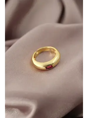 Gold Renk Metal Kırmızı Taşlı Bombeli Kadın Yüzük