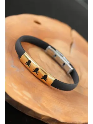 Gold Renk Metal Kuru Kafalı Tasarım Siyah Renk Silikon Erkek Bileklik