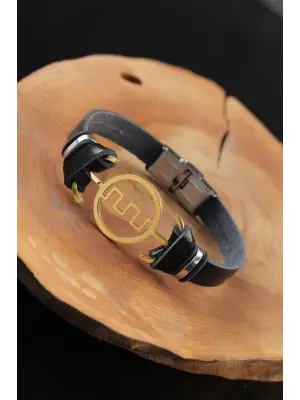 Gold Renk Metal Labirent Tasarım Siyah Renk Deri Erkek Bileklik