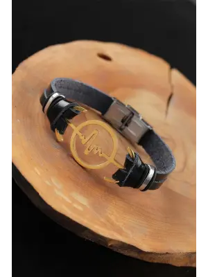 Gold Renk Metal Nabız Tasarım Siyah Renk Deri Erkek Bileklik