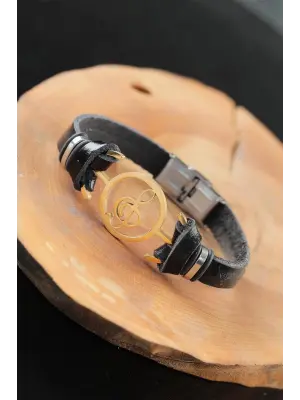 Gold Renk Metal Sol Anahtarlı Tasarım Siyah Renk Deri Erkek Bileklik