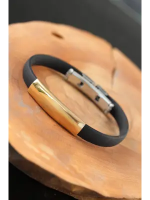 Gold Renk Metal Tasarım Siyah Renk Silikon Erkek Bileklik