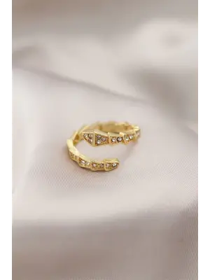 Altın Metal Yılan Tasarımlı Taşlı Çelik Yüzük