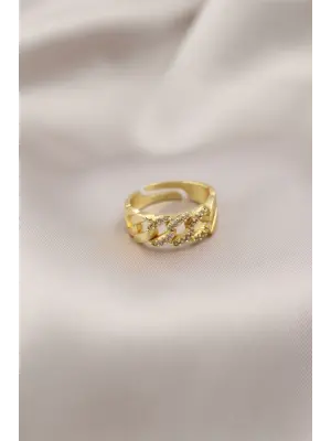 Altın Metal Zincir Model Taşlı Çelik Yüzük