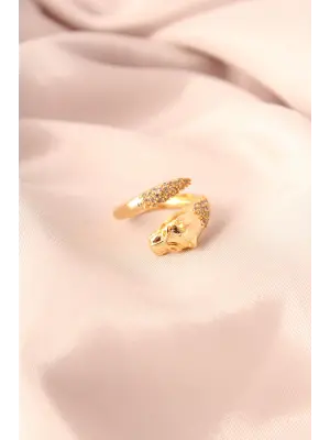 Gold Renk Metal Zirkon Taşlı Kaplan Model Ayarlanabilir Kadın Yüzük