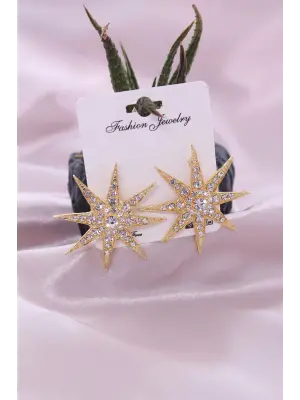 Gold Renk Metal Zirkon Taşlı Kutup Yıldızı Model Kadın Küpe Seti
