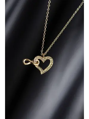 Gold Renk Metal Zirkon Taşlı Sonsuzluk ve Kalp Figürlü Kolye