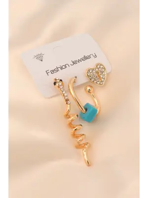 Gold Renk Metal Zirkon Taşlı Yılan ve Kalp Detaylı Küpe Seti