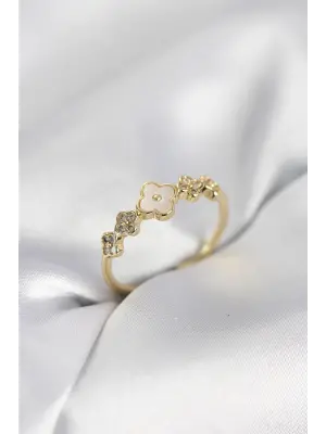 Gold Renk Minimal Yonca ve Zirkon Taşlı Kadın Yüzük