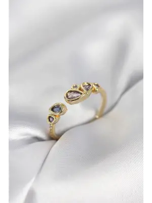 Gold Renk Mor Damla Zirkon Taşlı Kadın Yüzük