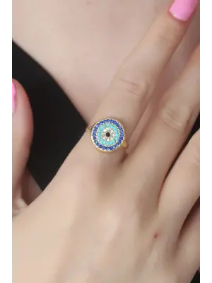 Altın Nazar Boncuk Figür Çelik Yüzük