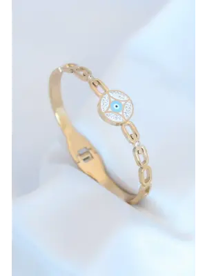 Gold Renk Nazar Boncuk Figür Zirkon Taş Detay Çelik Kadın Bileklik