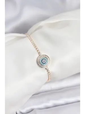 Gold Renk Nazar Model Zirkon Taşlı Asansörlü Su Yolu Bileklik