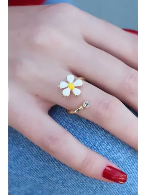 Altın Papatya Model Zirkon Taş Detay Çelik Yüzük