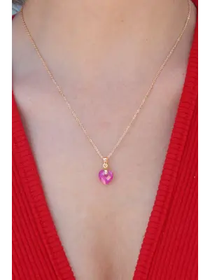 Altın  Pembe Kalp Kristal Taş  Çelik Kolye