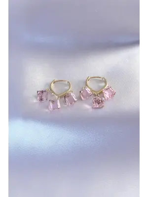 Gold Renk Pembe Kristal Taşlı Kadın Küpe