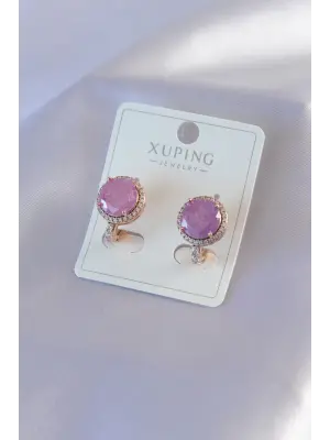 Altın Pembe Kristal Taşlı Zirkon Taş Detay Xuping Çelik Küpe