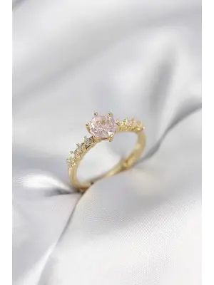 Gold Renk Pembe Tek Taş Model Zirkon Taşlı Kadın Yüzük