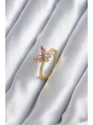 Altın Pembe Zirkon Taşlı Kelebek Model Çelik Yüzük