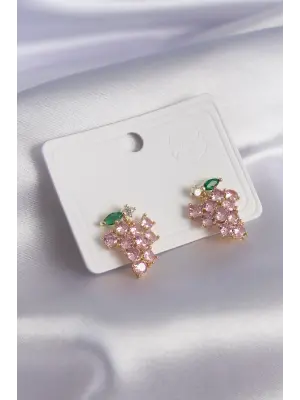 Gold Renk Pembe Zirkon Taşlı Üzüm Model Pirinç Kadın Küpe
