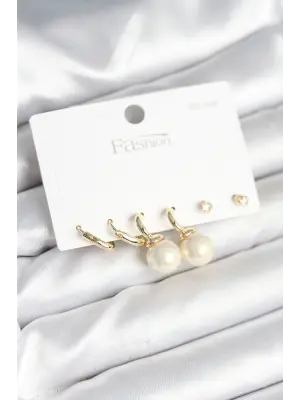 Gold Renk Pirinç 925 Ayar Gümüş Çivili Kadın Küpe Seti