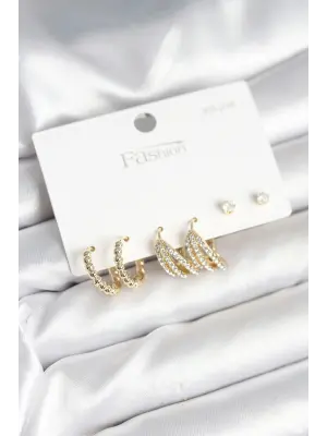 Gold Renk Pirinç 925 Ayar Gümüş Çivili Kadın Küpe Seti