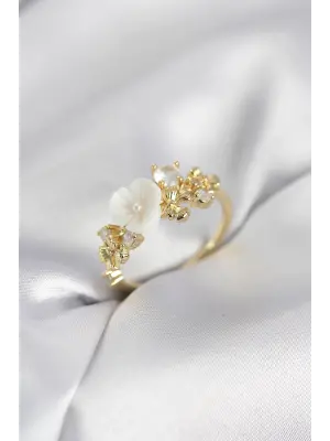 Gold Renk Pirinç Çiçek Model Zirkon Taşlı Kadın Yüzük