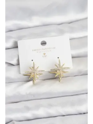 Gold Renk Pirinç Çift Taraflı Kutup Yıldızı Kadın Küpe