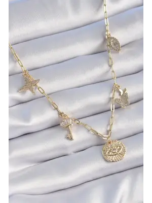 Altın  Pirinç Altın  Zirkon Taş Detay Çoklu Figür Şans Çelik Kolyesi