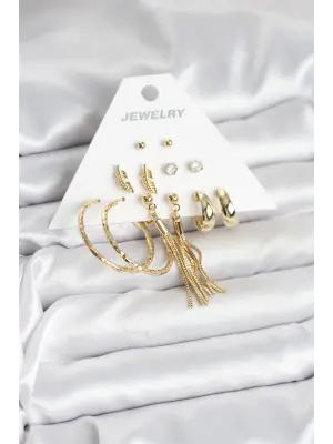 Ekin Figürlü Gold Renk Pirinç Kadın 6 Çift Küpe Seti