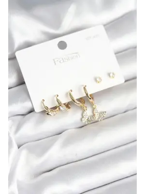 Gold Renk Pirinç Kelebek Model 925 Ayar Gümüş Çivili Kadın Küpe Seti