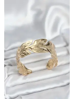 Gold Renk Pirinç Levha Yaprak Model Kadın Bileklik