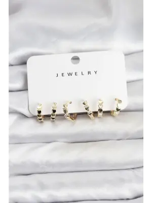 Gold Renk Pirinç Minimal Kalp Detaylı Kadın Halka Küpe Seti